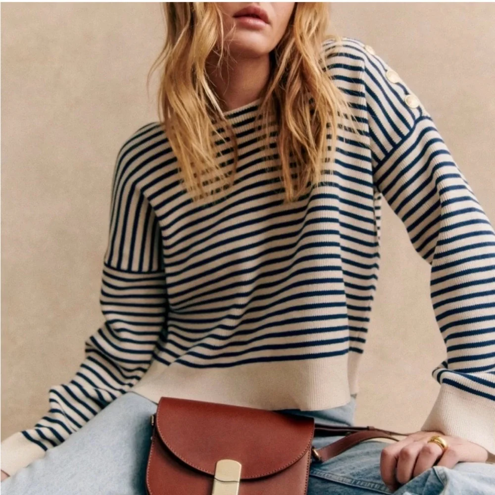 Sezane Cream and Navy Striped Crewneck Sweater with Pearl Shoulder Buttons - Picture 3 of 4